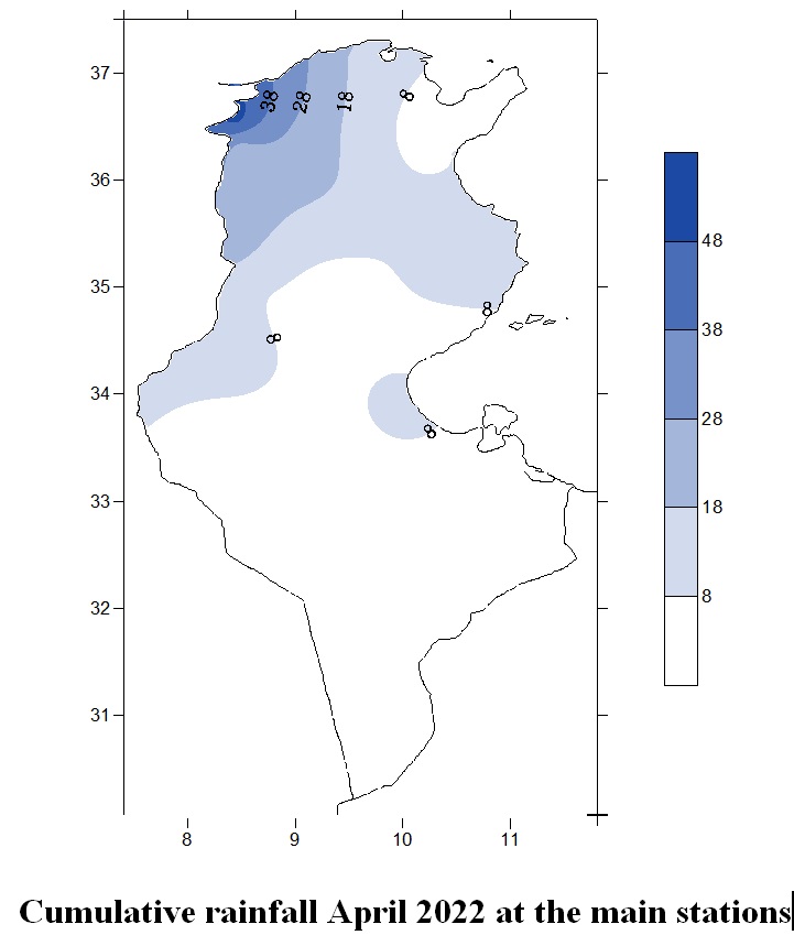 Cumulative rainfall April 2022 at the main stations