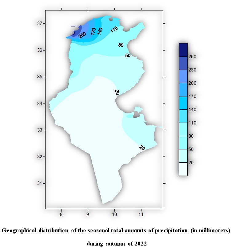 Geographical distribution of the seasonal total amounts of precipitation (in millimeters)  during autumn of 2022