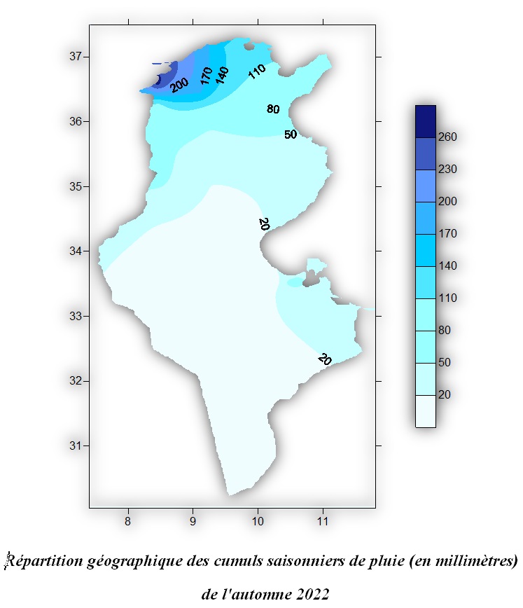 Répartition géographique des cumuls saisonniers de pluie (en millimètres) de l'automne 2022