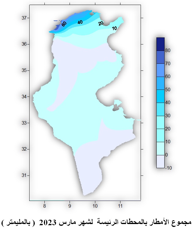 مجموع الأمطار بالمحطات الرئيسة  لشهر مارس 2023  ( بالمليمتر )