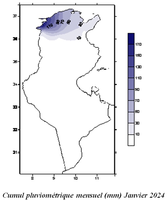 Cumul pluviométrique mensuel (mm) Janvier 2024