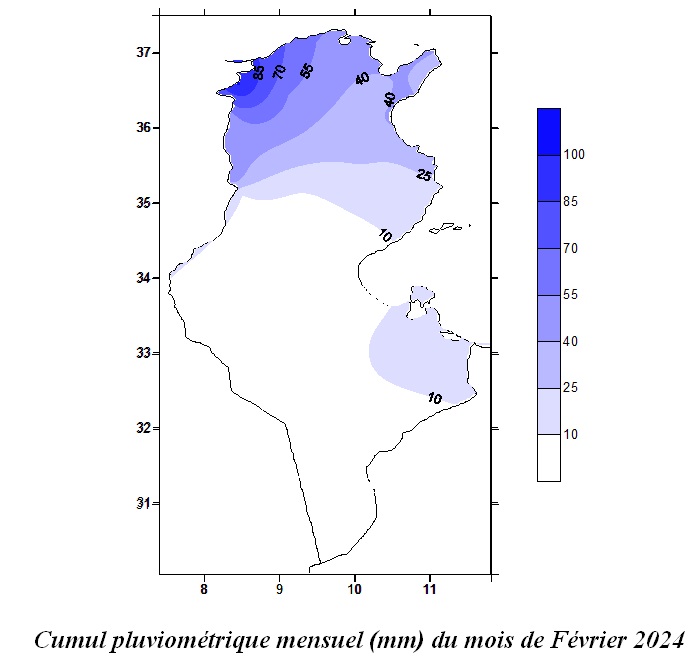 Cumul pluviométrique mensuel (mm) du mois de Février 2024