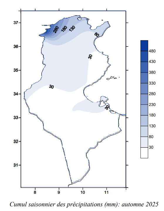 Cumul saisonnier des précipitations (mm): automne 2025