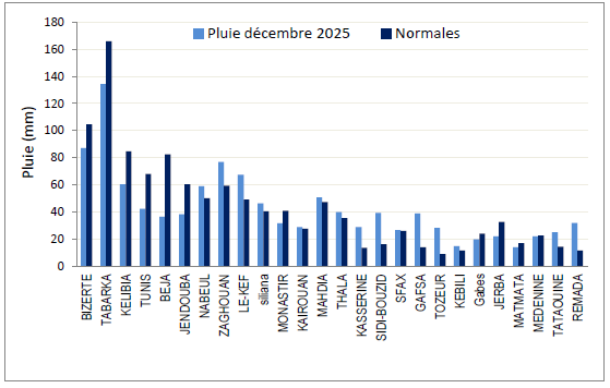 The average temperature in December was 13.3°C above normal (12.5°C), indicating a month that was relatively warmer than average. Analysis of rainfall data for December reveals significant regional variations in Tunisia.