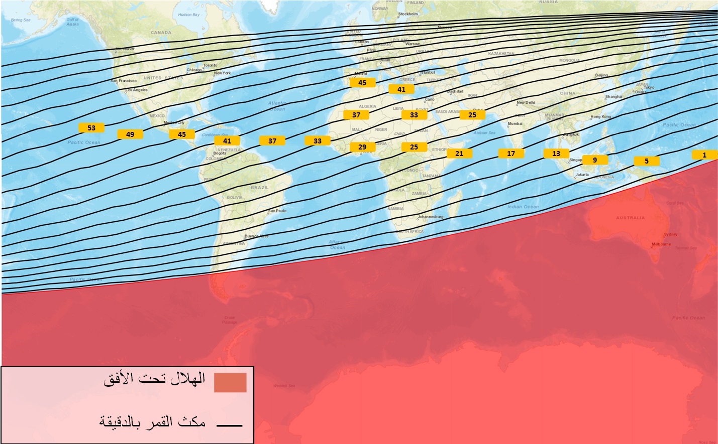 صورة 2 :خريطة  خطوط تساوي مكث القمر (بالدقيقة) بعد غروب شمس يوم الأحد 18 جوان 2023 الموافق لــ 29 ذي القعدة 1444 هجري.