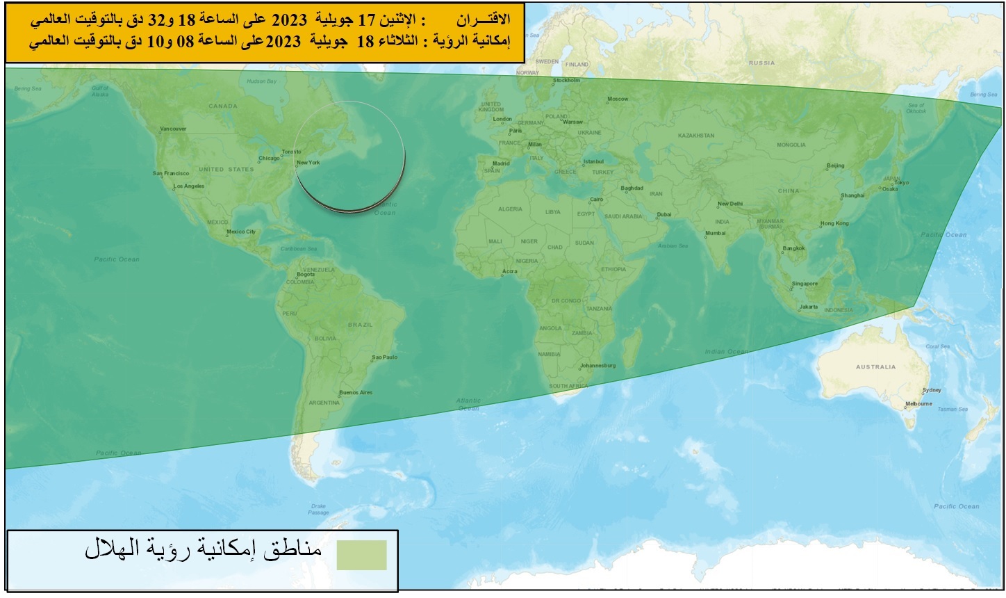 خريطة إمكانية رؤية هلال  محرم  لسنة 1445  هجري  بعد غروب شمس  يوم الثلاثاء 18   جويلية  2023 في العالمي