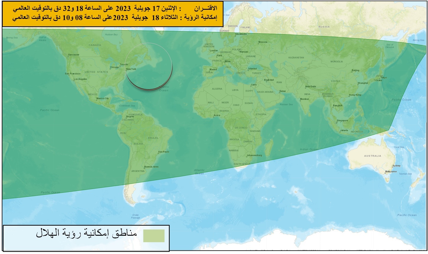 خريطة إمكانية رؤية هلال محرم لسنة 1445 هجري بعد غروب شمس يوم الثلاثاء 18 جويلية 2023 في العالمي