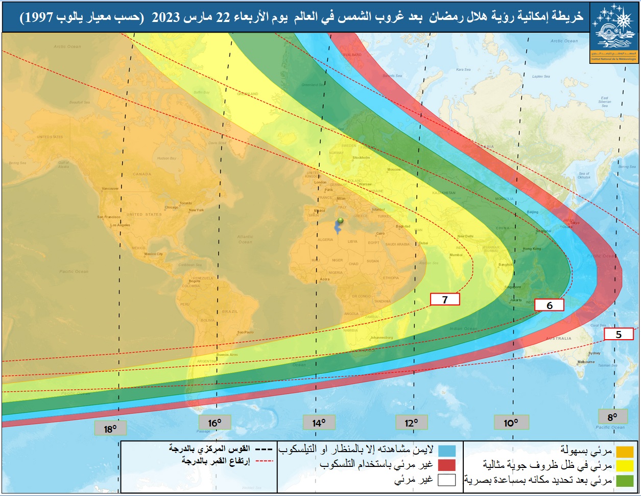 خريطة مناطق إمكانية رؤية هلال رمضان  حسب معيار يالوب 1997 
