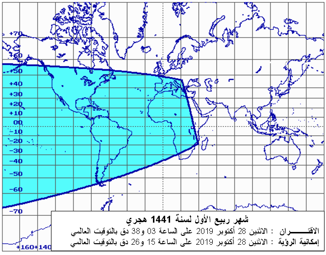مناطق إمكانية رؤية هلال بداية شهر ربيع الأول لسنة 1441 هجري بعد غروب شمس يوم الاثنين 28 أكتوبر2019 في العالم