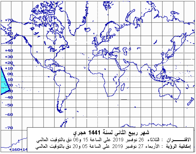مناطق إمكانية رؤية هلال بداية شهر ربيع الثاني لسنة 1441 هجري بعد غروب شمس يوم الثلاثاء 26 نوفمبر2019 في العالم