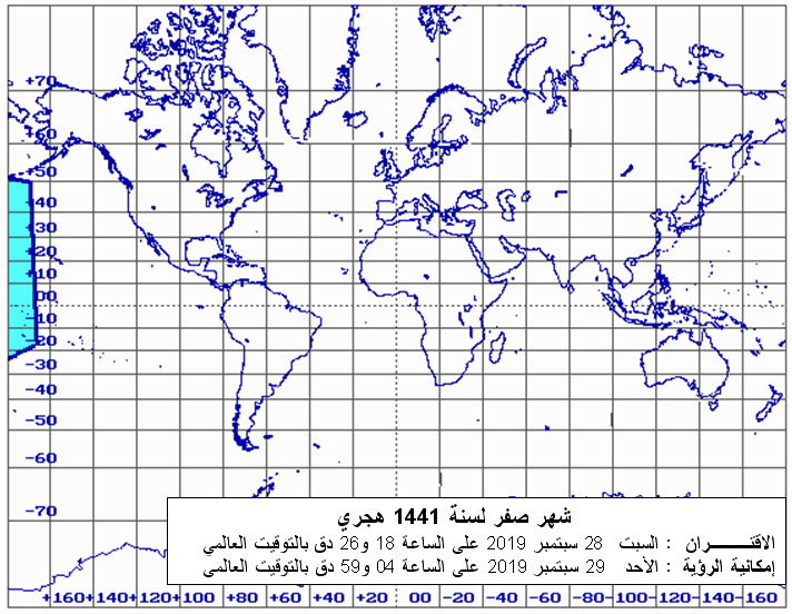 مناطق إمكانية رؤية هلال بداية شهر صفر لسنة 1441 هجري بعد غروب شمس يوم السبت 28 سبتمبر 2019 في العالم