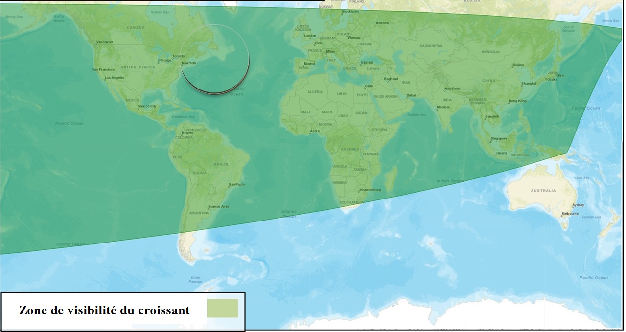  Figure 2: Les zones de visibilité du croissant de Dhou el Hijja 1444 de l'Hégire (selon les critères d’Istanbul) après le coucher du soleil le Mardi18 Juin 2023.