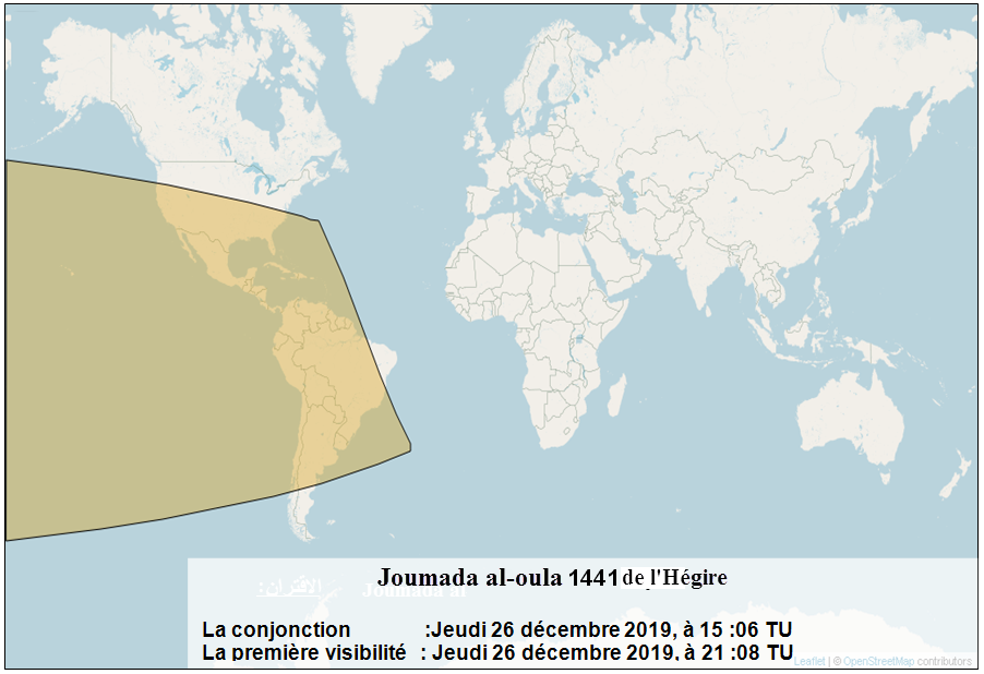 Les zones de visibilité du croissant de Rabia al-thani 1441Hijri (selon les critères d’Istanbul) après le coucher du soleil le lundi 28 octobre 2019