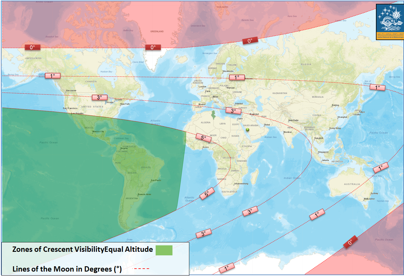 Figure 2: Areas of visibility for the lunar crescent of Rabi' al-Awwal 1446 AH after sunset on Tuesday, September 3, 2024.