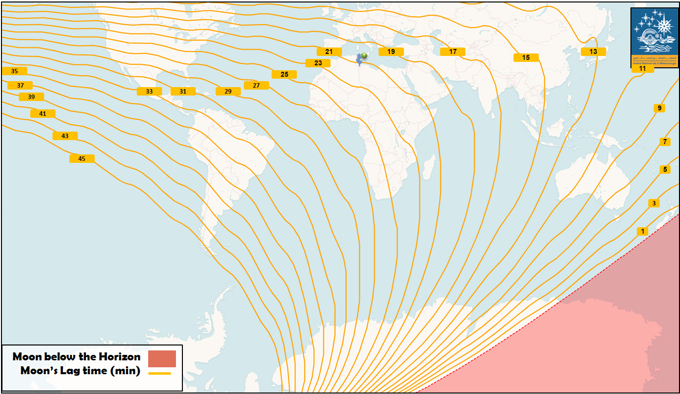 lines representing the visibility of the moon crescent after sunset on September 3, 2024. The lines, known as isolines, connect points with equal visibility times.