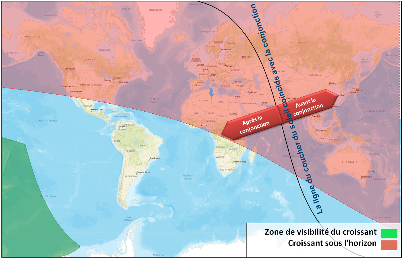 Figure 2: Les zones de visibilité du croissant de Rabi' al-Awwal 1446 de l'Hégire après le coucher du Soleil le mardi 3 septembre 2024.