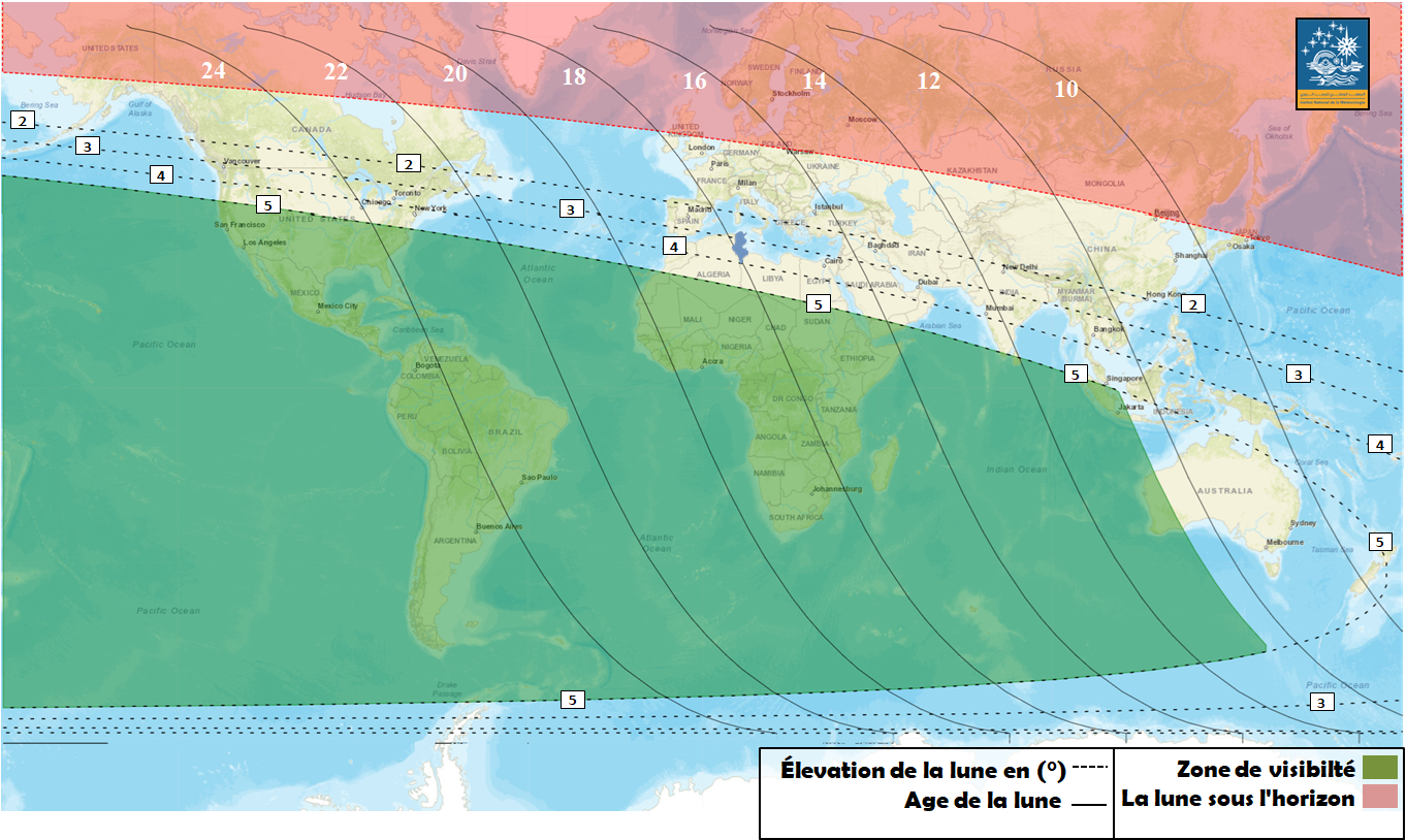 Image 4: Carte montrant la possibilité d’observer le croissant lunaire de Rajab de l’an 1446 de l’Hégire après le coucher du soleil le mardi 31 décembre 2024 à travers le monde, accompagnée des données astronomiques concernant l’âge du croissant en heures et son altitude en degrés.
