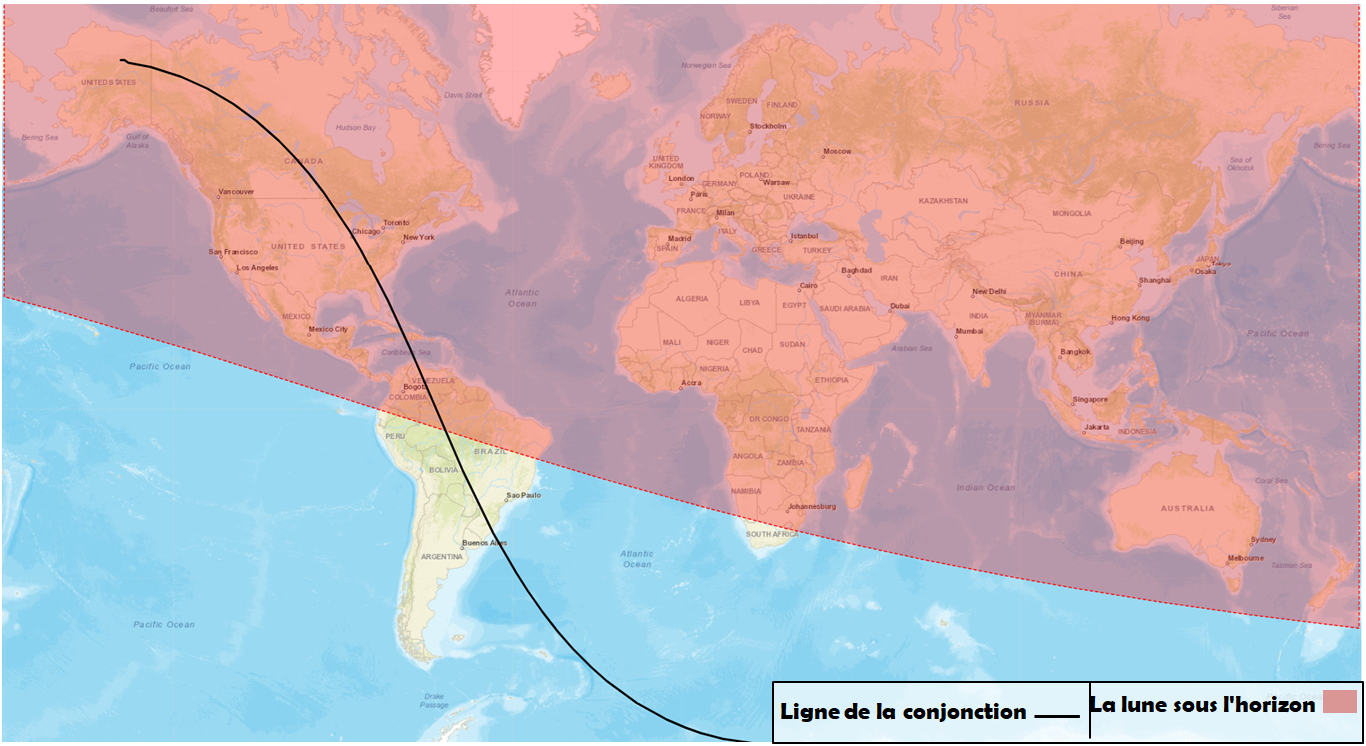 Image 1: Carte montrant la position de la Lune au coucher du soleil le lundi 30 décembre 2024, jour de la conjonction, ainsi qu'un schéma illustrant la synchronisation entre le coucher du soleil et la conjonction centrale entre le Soleil et la Lune.