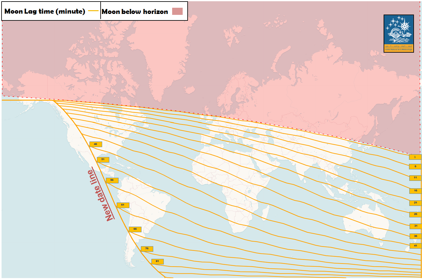 Image 3: A map of isochrones showing the Moon's duration of visibility in minutes after sunset on Tuesday, December 31, 2024, corresponding to 29 Jumada al-Thani 1446 Hijri, across the world.