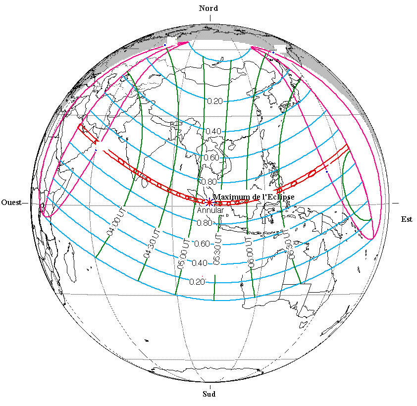Carte générale de l'éclipse solaire annulaire du 26 décembre 2019