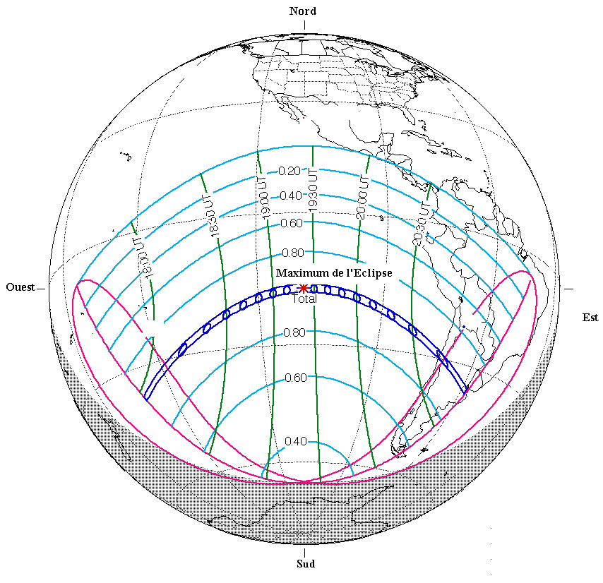 Carte générale de l'éclipse solaire totale du 2 juillet 2019