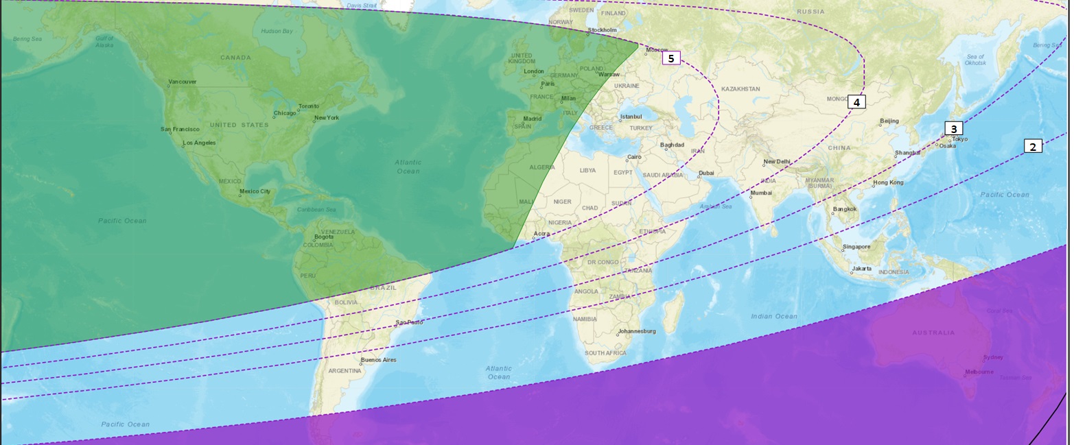 Figure 3: Les zones de visibilité du croissant de Dhou el Hijja 1444 de l'Hégire (selon les critères d’Istanbul) après le coucher du soleil le Dimanche 18 Juin 2023.