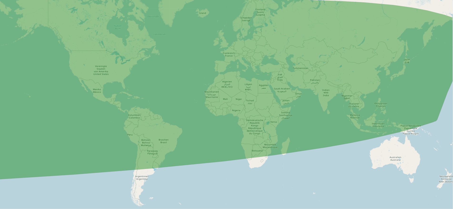 مناطق إمكانية رؤية هلال شهر ذي القعدة   بعد غروب الشمس يوم  السبت 20  ماي  2023  في العالم ( المساحة الملونة بالأخضر)