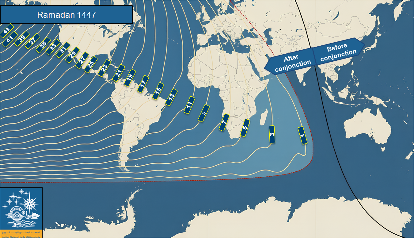 Image 4 Map of isochrones of the Moon's duration in minutes after sunset on Tuesday, February 17, 2026—corresponding to 29 Sha'ban 1447 AH—across the world. The map shows the duration of the Ramadan crescent in various parts of the world, with the Moon remaining visible in Arab countries for between 1 and 12 minutes.