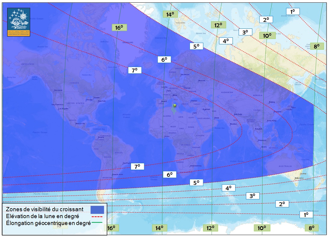 Les zones de visibilité du croissant de Ramadan 1444 de l'Hégire,22 Mars 2023 