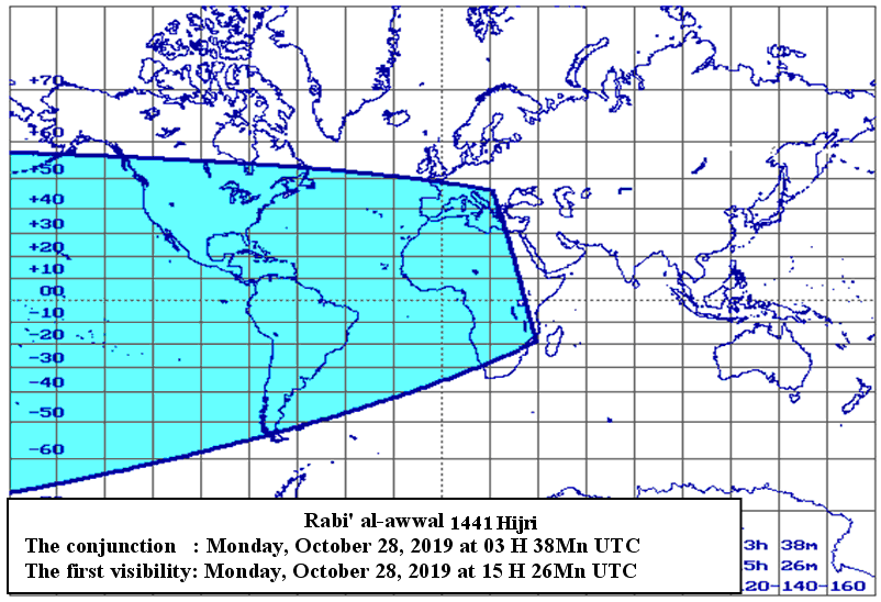 Lunar crescent  visibility areas of Rabi’ al-awwal  1441 Hijri (according to Istanbul criteria) after sunset on Monday, October 28, 2019