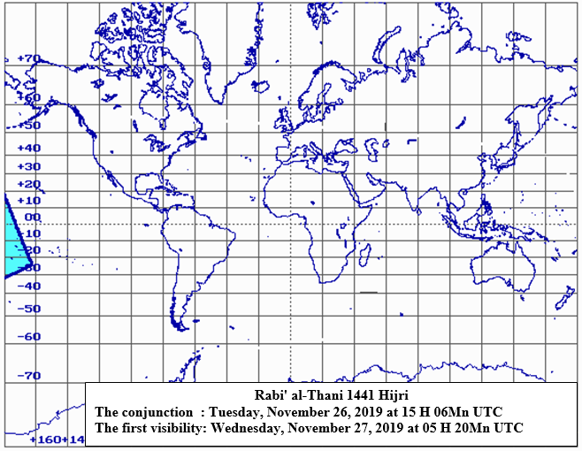 Lunar crescent visibility areas of Rabi al-Thani  1441 Hijri (according to Istanbul criteria) after sunset on Tuesday, November 26, 2019