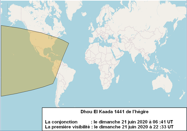Les zones de visibilité du croissant de Dhou El Kaada 1441 de l'Hégire (selon les critères d’Istanbul) après le coucher du soleil le Dimanche 21 Juin 2020.