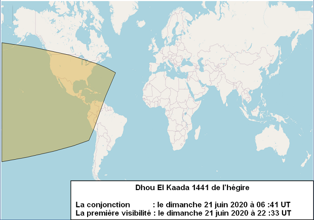 Les zones de visibilité du croissant de Dhou El Kaada 1441 de l'Hégire (selon les critères d’Istanbul) après le coucher du soleil le Dimanche 21 Juin 2020.