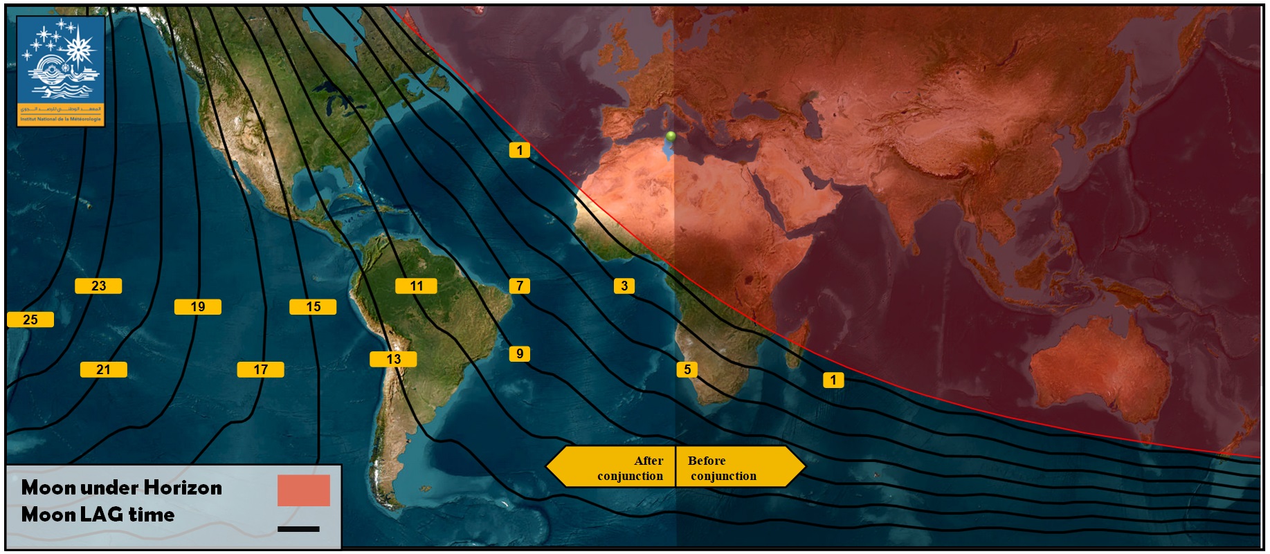 Map of the moon's lag time  per minute after sunset on Tuesday, March 21, 2023 - Sha'ban 29, 1444 AH.jpg