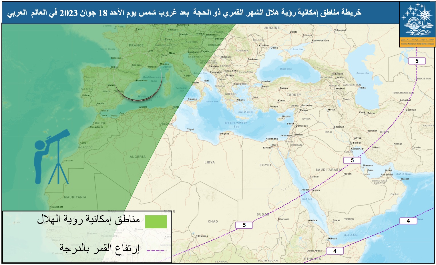 صورة 4 : خريطة إمكانية رؤية هلال ذو الحجة لسنة 1444 هجري  بعد غروب شمس  يوم الأحد 18 جوان 2023 في العالم العربي