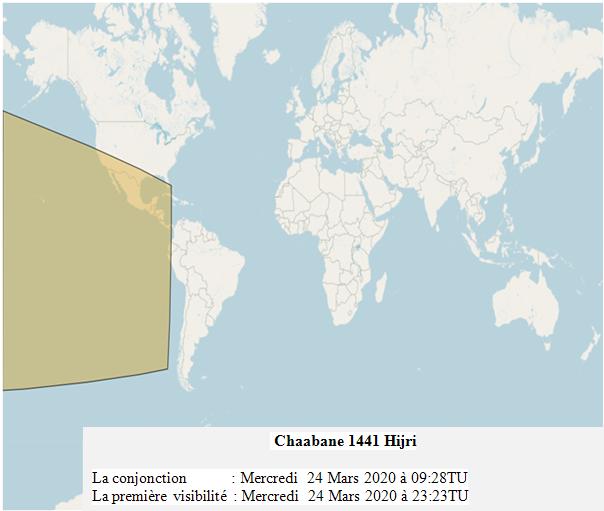 Les zones de visibilité du croissant de Rabia al-thani 1441Hijri (selon les critères d’Istanbul) après le coucher du soleil le lundi 28 octobre 2019