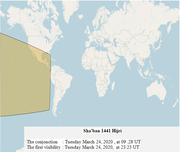 Lunar crescent visibility areas of Rabi al-Thani  1441 Hijri (according to Istanbul criteria) after sunset on Tuesday, November 26, 2019