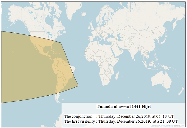 Lunar crescent visibility areas of Rabi al-Thani  1441 Hijri (according to Istanbul criteria) after sunset on Tuesday, November 26, 2019