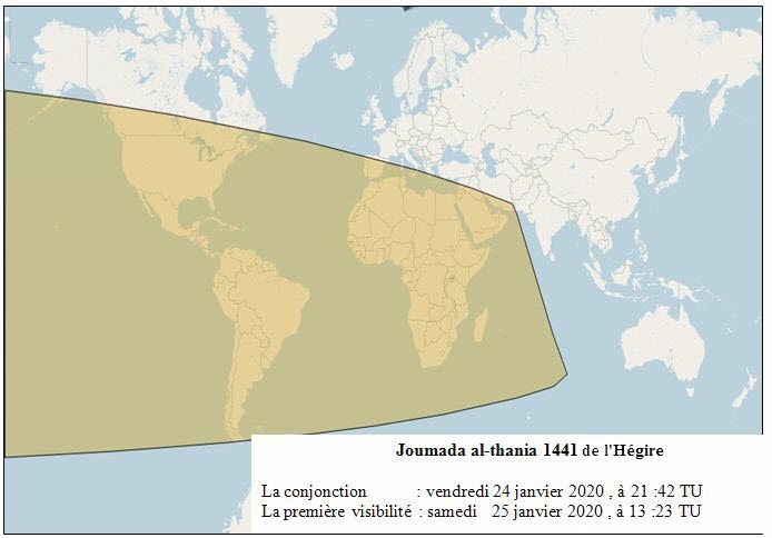 Les zones de visibilité du croissant de Rabia al-thani 1441Hijri (selon les critères d’Istanbul) après le coucher du soleil le lundi 28 octobre 2019