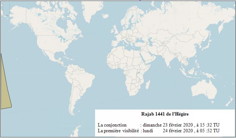 Les zones de visibilité du croissant de Rabia al-thani 1441Hijri (selon les critères d’Istanbul) après le coucher du soleil le lundi 28 octobre 2019