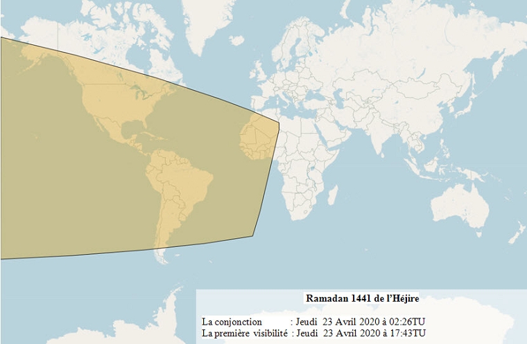 Les zones de visibilité du croissant de Rabia al-thani 1441Hijri (selon les critères d’Istanbul) après le coucher du soleil le lundi 28 octobre 2019