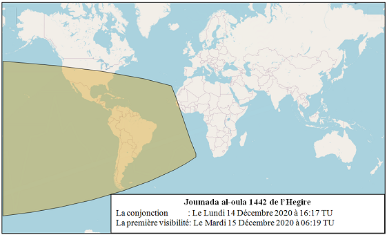 Figure 2: Les zones de visibilité du croissant de Joumada al-oula 1442 de l'Hégire (selon les critères d’Istanbul) après le coucher du soleil le Lundi 14 décembre  2020.