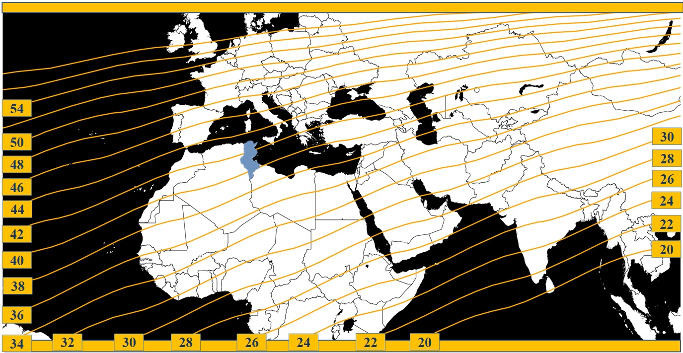 Figure 1: Carte de temps en minutes pendant lequel la lune reste au-dessus de l'horizon. après le coucher du Soleil (couleur orange) le mercredi 29 juin 2022.