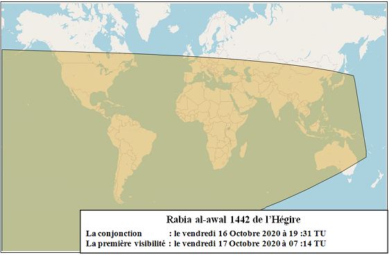Les zones de visibilité du croissant de Rabia al-awal 1442 de l'Hégire (selon les critères d’Istanbul) après le coucher du soleil le Samedi 17 Octobre 2020.