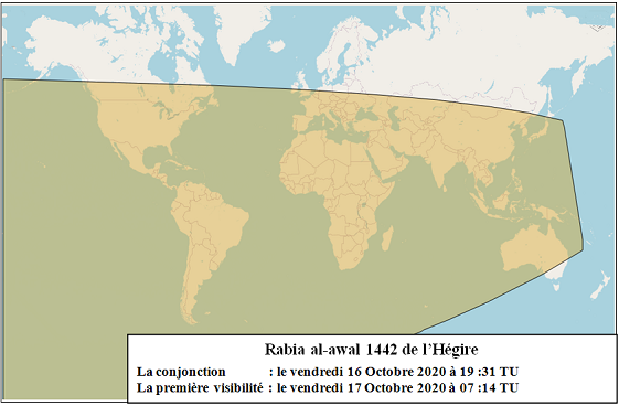 Les zones de visibilité du croissant de Rabia al-awal 1442 de l'Hégire (selon les critères d’Istanbul) après le coucher du soleil le Samedi 17 Octobre 2020.