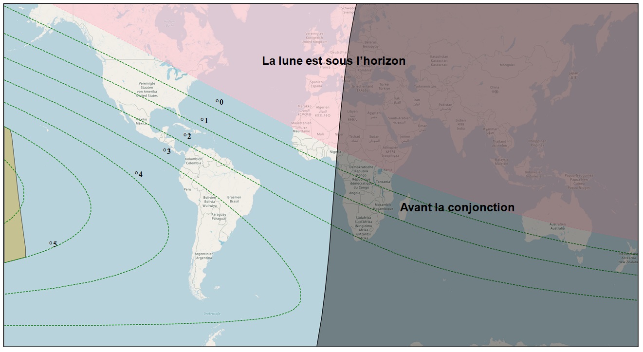 Figure 2: Les zones de visibilité du croissant de Chaabane 1443 de l'Hégire (selon les critères d’Istanbul) après le coucher du soleil le vendredi 12 février 2021.