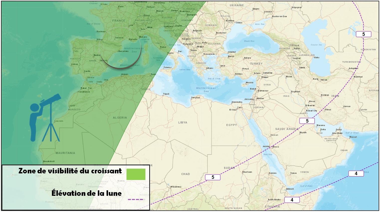 Figure 3: Les zones de visibilité du croissant de Dhou el Hijja 1444 de l'Hégire (selon les critères d’Istanbul) après le coucher du soleil le Dimanche 18 Juin 2023.