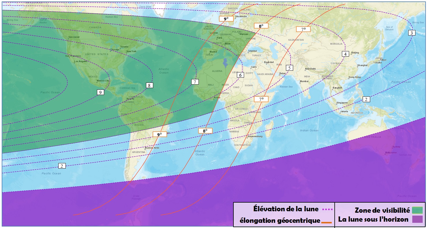 Les zones de visibilité du croissant de Dhou el hijja 1443 de l'Hégire (selon les critères d’Istanbul) après le coucher du soleil le Mecredi 29 juin  2022.