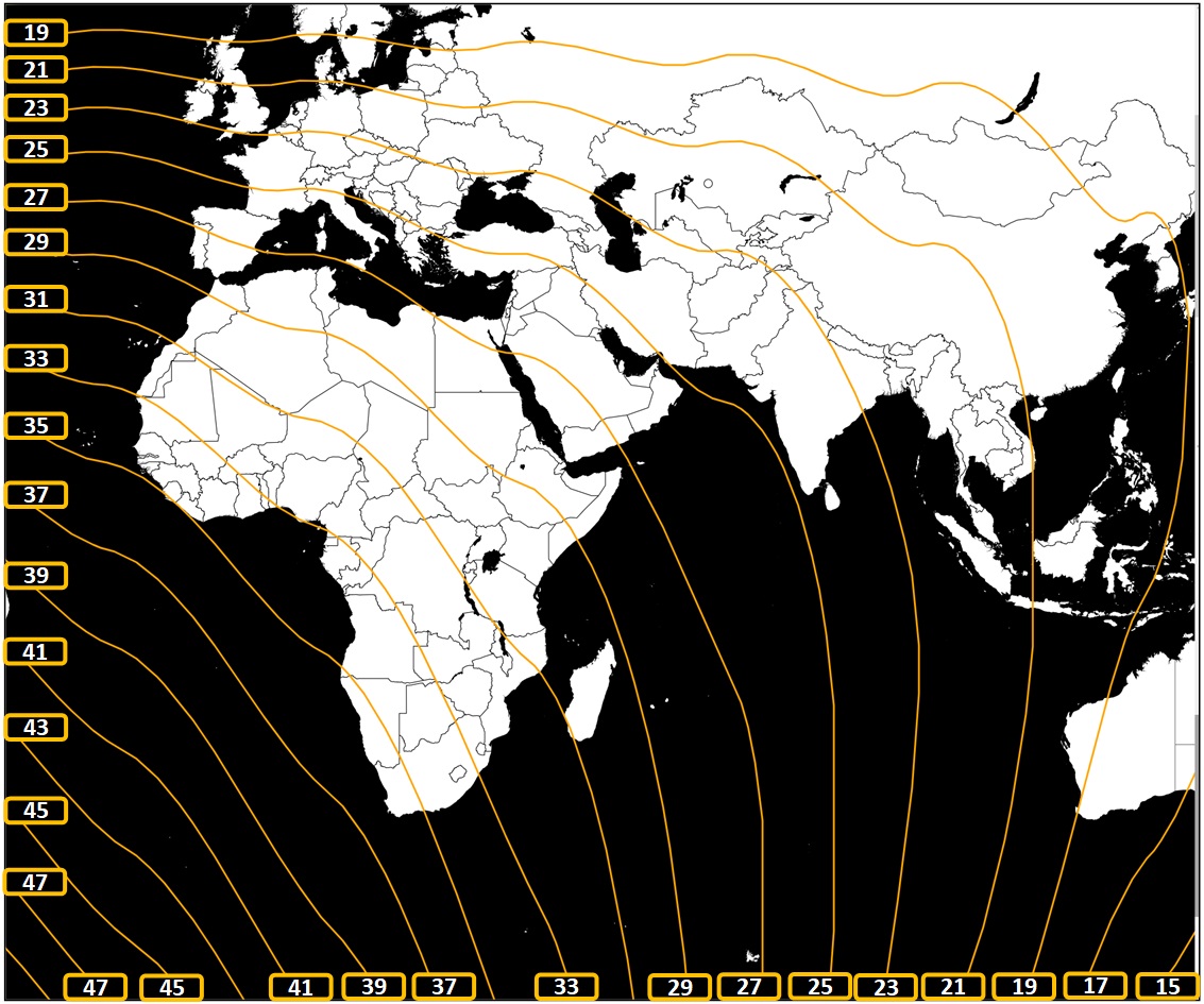صورة 2 :  خريطة خطوط تساوي  مكث هلال الشهر القمري ربيع  الأول لسنة 1444 هجري بعد غروب شمس يوم الإثنين 26 سبتمبر 2022 