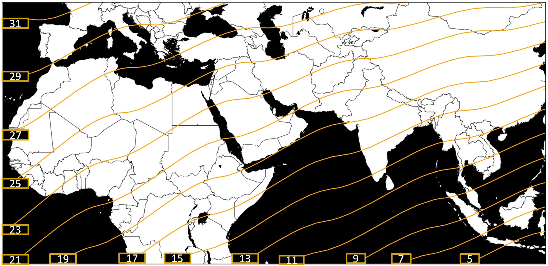 صورة 2 :  خريطة خطوط تساوي  مكث هلال الشهر القمري محرم  لسنة 1444 هجري بعد غروب شمس يوم السبت  27  أوت 2022 